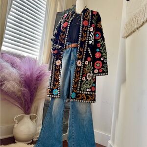 Black Embroidered Floral Longline Cape Coat